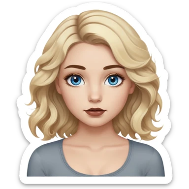 Girl with blue eyes. Blonde wavy hair with dark brown growths down to her chest. Natural eyebrows with the same color as the growths. Painted eyelashes and lips lined with brown liner. With a gray long-sleeved crop top. sticker