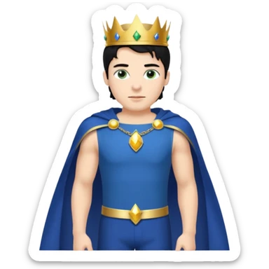 Prince with crown, blue cape and trousers, body and legs, black hair, blue eyes, woman blonde hair, green eyes, sexy white short sleveless dress,  sticker