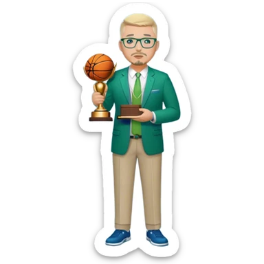 Full Body white male plus size body type  wearing glasses with a goatee with light blonde gray very short hair basketball head Coach in blue and green suit holding trophy sticker