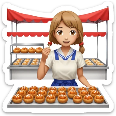 Japanese high school girl at cultural festival running food stall with takoyaki sticker
