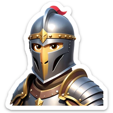 clash-of-clans-aesthetic_-cinematic-fearsome-and-majestic-knight-bust-portrait-emoji, rendered in a flat, vector-style with minimal shading and bold, simplified shapes, depicting a battle-ready medieval knight with steely eyes and intricate armor, mounted on a warhorse reflecting sunlight over a misty battlefield. sticker