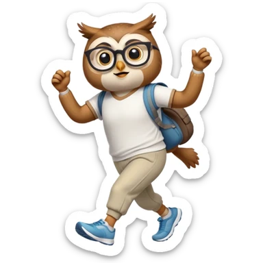 friendly anthropomorphised owl in pants and a shirt, wearing glasses, jogging upright, standard pose sticker