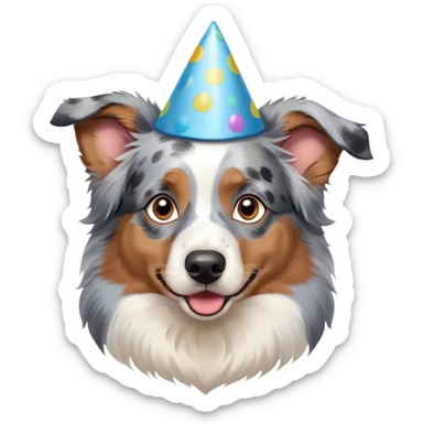 Australian shepherd blue Merle with a party hat sticker