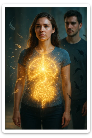 A hyper-realistic, cinematic image showing a young woman with a glowing, radiant aura symbolizing a very strong immune system. She stands confidently, surrounded by a dynamic shield of light particles and molecular energy swirling around her body, especially focused around her abdomen and chest. Against this luminous barrier, faint translucent representations of parasites—small worm-like and protozoan shapes—attempt to approach her but are visibly repelled or disintegrating upon contact with the shield. Nearby, a young man representing her boyfriend is shown with subtle, shadowy parasite silhouettes near him, some reaching toward her but unable to penetrate her immune defenses. The background is softly blurred to keep the focus on the energetic battle at the forefront, with cool blues and warm golds contrasting to symbolize health, vitality, and defense. The lighting is dramatic yet hopeful, with a cinematic 35mm film style emphasizing sharp detail on her determined face and the swirling protective energy. The overall tone conveys resilience, protection, and the unseen battle inside the body. sticker