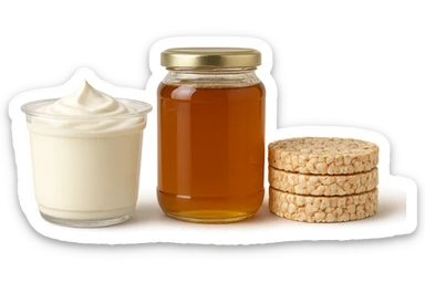 Yogurt Greco 2%
Miele (senza il cucchiaio di legno)
Gallette di Riso
vista frontale, iperrealistico 4k sticker