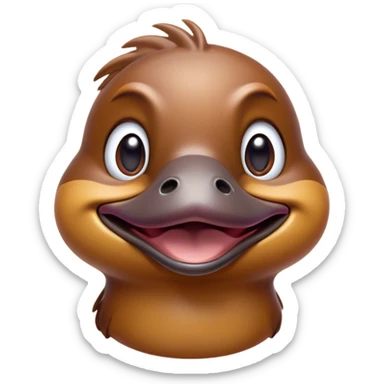 Cinematic Comical Platypus Portrait Emoji, Head tilted dramatically with an exaggeratedly amused expression, featuring a striking, glossy brown fur with a whimsically flat duckbill and wide, expressive eyes full of playful disbelief, Simplified yet hilariously expressive features, highly detailed, glowing with a slightly sassy glow, high shine, dramatic yet playful, stylized with an air of cheeky aquatic mischief, bright and endearing, soft glowing outline, capturing the essence of a spirited and over‐the‐top platypus, so meme‐worthy it feels like it could quack its way into internet fame instantly! sticker