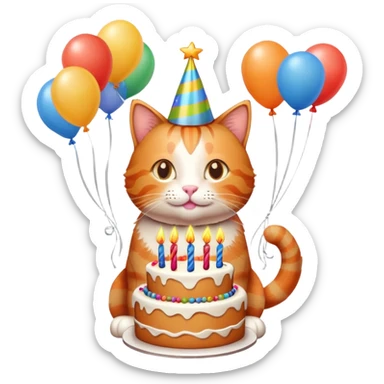 Ginger cat celebrates birthday, birthday hat, birthday cake, balloons, happy sticker