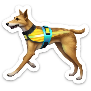  brindle brown black maroon striped lurcher Alsatian fox running blue eyes and iridescent holographic oilslick harness wearing paper iridescent tropical flower crown yellow caution tape sticker
