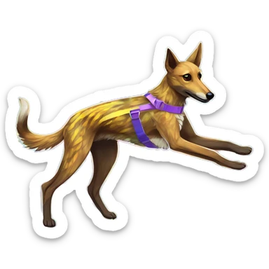  brindle brown black maroon striped lurcher Alsatian fox running blue eyes and iridescent holographic oilslick harness wearing paper iridescent tropical flower crown yellow caution tape sticker