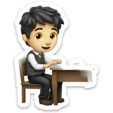 European schoolboy sitting at desk, working at computer sticker