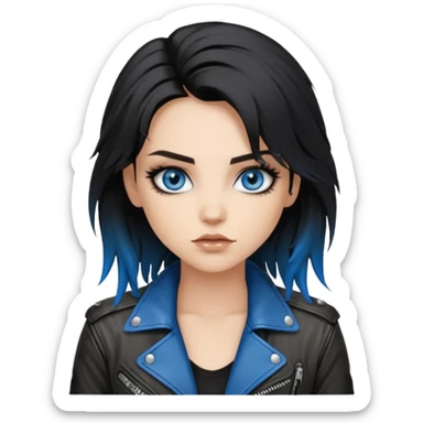 
 rockstar girl with black disheveled hair, blue eyes, Smokey eyes grunge makeup,  sticker