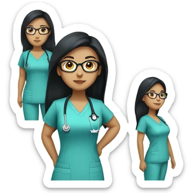 filipino nurse with long straight black hair and tan skin and clear glasses in scrubs sticker