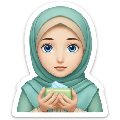 Turkish beautiful finish Konya girl blue eyes with beige and light green hijab islamic dress and had on her hand soap   sticker