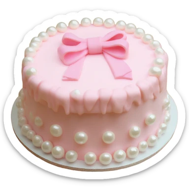 light pink cake with mini bows around it and white pearls sticker