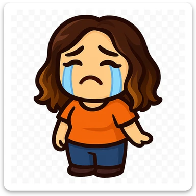 Sticker style chibi emote, matching the attached green heart emote as a base. Woman from reference, orange t-shirt and blue jeans, crying with big tears, cute sad face, no headband, no wand, transparent background. Top color should not match jeans. sticker