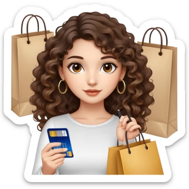 cute girl LONG LONG brunette balayage curly/wavy not voluminous hair, brown eyes, hoop earrings, natural pretty clean makeup: holding a credit card and lots of shopping bags sticker
