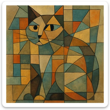 {
  "style_description": {
    "name": "Cubist Abstraction",
    "overall_look": "Deconstructed, multi-perspective abstraction with intersecting geometric planes",
    "composition": {
      "structure": "Fractured and fragmented shapes that overlap and intersect",
      "perspective": "Multiple simultaneous viewpoints, often distorted or rotated",
      "layout": "Asymmetrical, collage-like arrangement of visual elements"
    },
    "geometry": {
      "shapes": ["rectangles", "triangles", "trapezoids", "irregular polygons"],
      "edge_style": "hard, angular lines with minimal curves",
      "dimensionality": "flattened depth with layered planes"
    },
    "color": {
      "palette_type": "muted and earthy tones with occasional vivid accents",
      "application": "flat fills, overlapping transparencies, and color-blocked segments",
      "shading": "minimal or abstract, without realistic gradients"
    },
    "texture": {
      "use": "optional",
      "types": ["paper grain", "brushstroke pattern", "canvas roughness"],
      "purpose": "to evoke an analog, hand-rendered quality"
    },
    "subject_treatment": {
      "representation": "symbolic and abstract rather than literal",
      "distortion": "intentional exaggeration and fragmentation of form",
      "focus_on": ["structure", "form relationships", "compositional rhythm"]
    },
    "background": {
      "style": "integrated with subject forms",
      "purpose": "to emphasize the composition rather than isolate figures"
    },
    "render_constraints": {
      "avoid": ["realistic lighting", "photorealism", "perfect symmetry"],
      "encourage": ["overlapping shapes", "multi-angle views", "abstract composition"]
    }
  }
}

{subject} = cat sticker