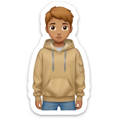 a teenage boy with caramel skin and caramel hair with a low tupper hair but shorter, shaved. baggy beige hoodie and cargo jeans sticker
