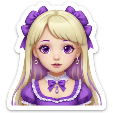 Ai pale girl , who has straight long length blonde and purple swirled hair , hazel eyes , and doll like makeup , with a septum piercing, nostril piercing, in a purple lolita hime gyaru dress emoji sticker