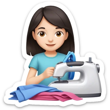 cheerful little girl with dark hair and pile of clothes to iron sticker