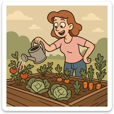 a woman watering plants in a raised bed vegetable garden, flat toon style sticker
