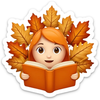 A cute 3D emoji autumn leaves around it, cozy fall colors (orange, brown, beige), playful and modern style, glossy finish, minimalistic but expressive, symbolizing a Fall Reading Challenge. sticker