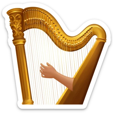 Cinematic Realistic Harp, a grand golden harp with intricately carved details, delicate strings shimmering under soft candlelight, rich wood tones adding warmth, a musician’s gentle fingers plucking a note, glowing with an ethereal and majestic aura. sticker