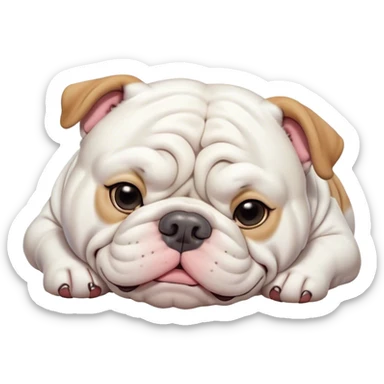 Cinematic Meme-Worthy Chubby Sleeping White English Bulldog Portrait Emoji, Head resting peacefully with a contented smile, showcasing a delightfully chubby build and a luxuriously soft pure white coat, eyes shut in a serene nap, Simplified yet hilariously adorable features, highly detailed, glowing with a soft, drowsy light, high shine, relaxed and utterly lovable, stylized with an air of playful laziness, bright and heartwarming, soft glowing outline, capturing the essence of a comically sleepy guardian, so meme-worthy it feels like it could instantly become the next viral sensation of adorable slumber! sticker