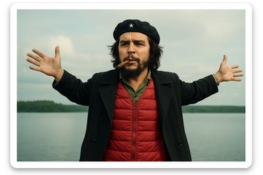 Сгенерируй мне в такой же позе и в такой же одежде Че Гевара и с сигарой в зубах, без надписей и слов sticker