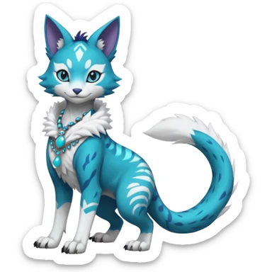 Kawaii cute Indigo Turquoise Grey beautiful pretty elegant divine edgy feline-vernid-sergal-Fakémon-Pokémon-Digimon-fursona-animal-creature, full body, with intricate detailed markings, silken shawl, decorative anklets sticker