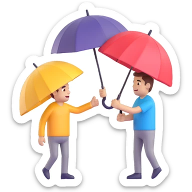 Change the umbrella to be closed, keep the man and another person about to shake it instead of hands, same 3D emoji style, no background. sticker