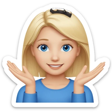 girl with blonde hair and blue eys with heands telling what  sticker