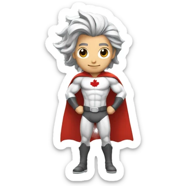 a male canadian superhero wearing red and white clothes that has a mapple leaf on chest and long dark grey hair in a ponytail sticker