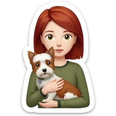 Westhighland white terrier dog being held by woman with dark shoulder length red hair and hazel eye wearing olive green top sticker