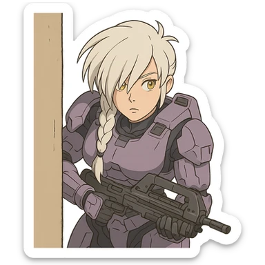 female, wearing reach spartan armor default, long white braid hair with massive messy front side single bangs, gold yellow eyes, attention pose, HALO:series, no helmet, the armor is lavender color scheme, shoulder pad off. DDD bust size fitting. Punk gothic cyberpunk, peeking around a corner wall with a classic halo1 ar sticker