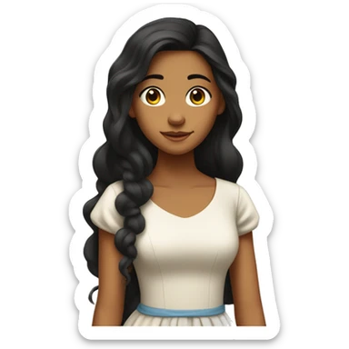 A 16-year-old girl is wearing a long dress, with a tanned skin, writing, with long black hair reaching her chest, and frizzy hair sticker