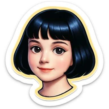 young girl with pale skin, black bob haircut, light makeup, big eyes, slight smile, neat facial features, Telegram sticker style, head only without neck, white background sticker
