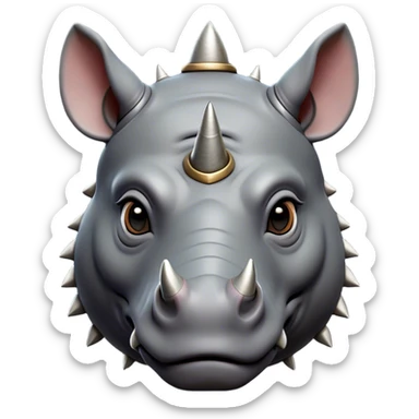 Cinematic Noble Rhinoceros Portrait Emoji, Poised and regal, with a massive, powerful build and a thick, armored hide of slate gray, deep-set soulful piercing eyes, Simplified yet sharp and sophisticated features, highly detailed, glowing with a soft, dignified glow, high shine, intelligent and formidable, stylized with an air of ancient might, focused and attentive, soft glowing outline, capturing the essence of a watchful and commanding behemoth, so majestic it feels as though it could charge out of the screen with effortless authority! sticker
