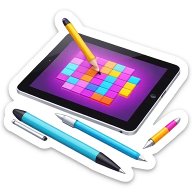 Computer graphics icon, digital design tools like a stylus, tablet, pixelated image, vibrant colors, minimalistic style, clean lines, transparent background. sticker