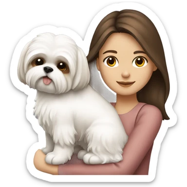 Girl Brunette  with brown long hair, hugging her white Shih tzu sticker