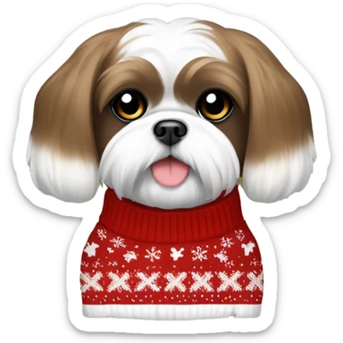 Brown and white Shih Tzu bow in hair wearing Christmas sweater sticker