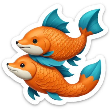 An orange fish and a teal blue fox, that are hugging or cuddling each other sticker