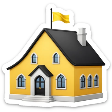 simple magic school, low detail, white background, magic school, black roof, with a big flag, big flag on a roof, big yellow flag, white school sticker