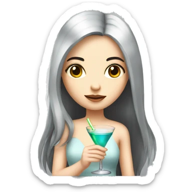 Pale girl with long black hair with chest holding cocktail sticker