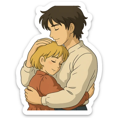 tall dark-haired male cuddling his short blonde girlfriend, ghibli style sticker