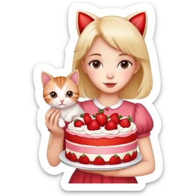 Beautiful girl holding a big strawberry cake and a kitten in her hands sticker