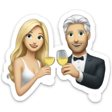 A white woman with brown eyes and blond medium long hair and a white man with blue eyes and grey hair, toasting with a glass of white wine sticker