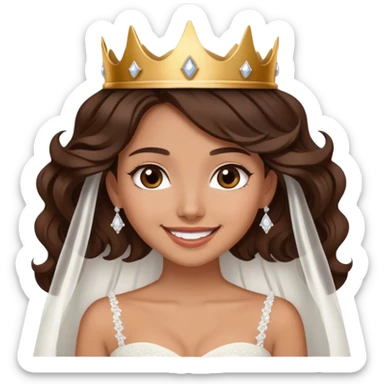 Tan, Dark Brown haired girl, long Hollywood wave hair, in white wedding dress wearing crown and smiling sticker