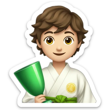 a 12-year-old boy with brown hair in a white kimono with a green belt holds a prize cup with two hands sticker