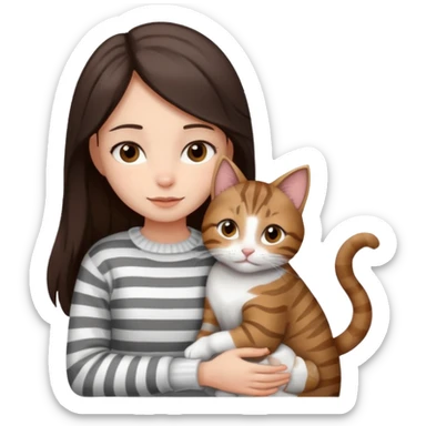 a girl with long dark brown hair, in a
white sweater and brown eyes, hugs a tabby
grey and white strips one cat. sticker